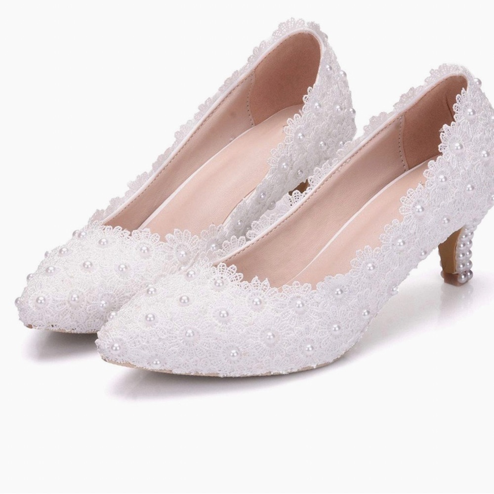 Crystal Queen White Pearl Wedding Shoes Bridal Party High Heels 5CM Size 38(7.5)